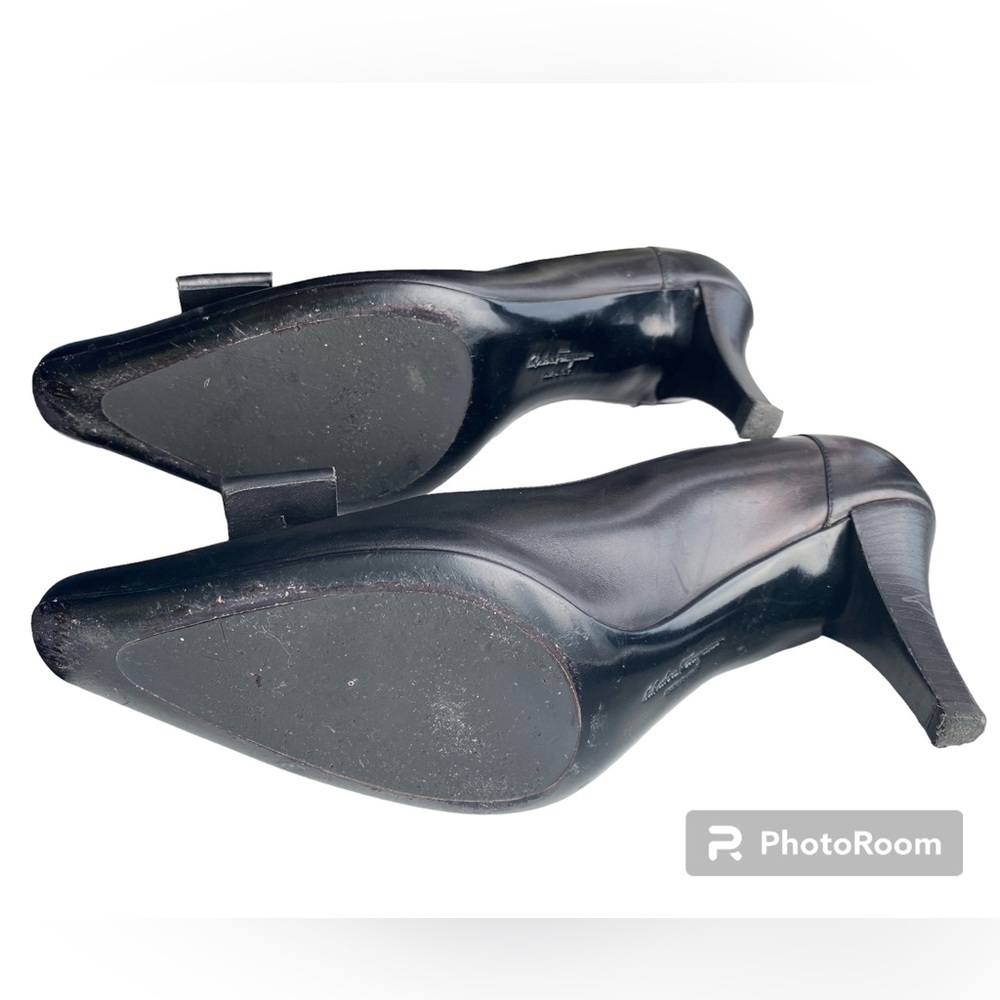 Salvatore Ferragamo Bow Leather Black Womens High Heels Pumps 8.5 8 1/2 9.5 toe - Picture 5 of 10